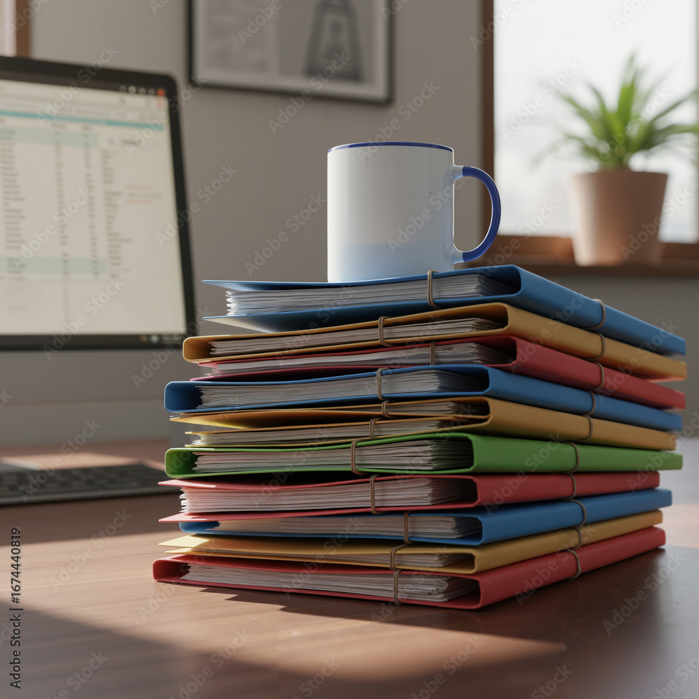 Fototapeta premium Bright folders with a mug on top, an organized workspace, a bright environment