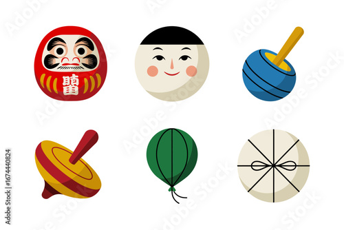 Japanese traditional toy icons, daruma kokeshi spinning tops and hand paddle, minimalist flat set for posters, stickers, vector clipart