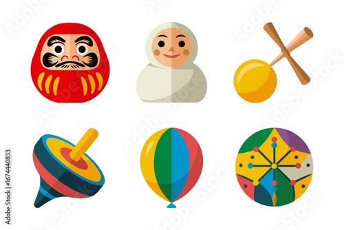 Japanese toy set with spinning top, balloon ball, lantern sphere and daruma, bright playful icons, vector cartoon clip art