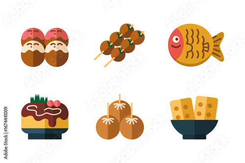 Taiyaki fish cake with takoyaki and skewered snacks, Japanese food bundle, clean flat vector