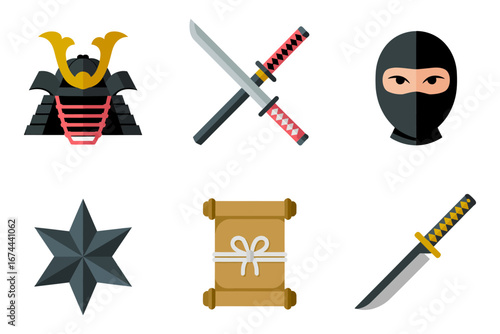 Ronin samurai suit with ninja head and swords, traditional Japan symbols, editable vector icons