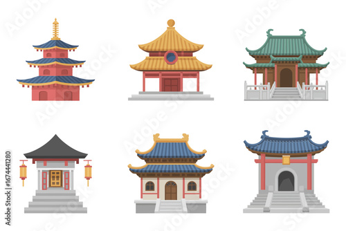 East Asian shrine and pavilion collection, historic temple facades with gates and domes, minimal icon set, flat vector