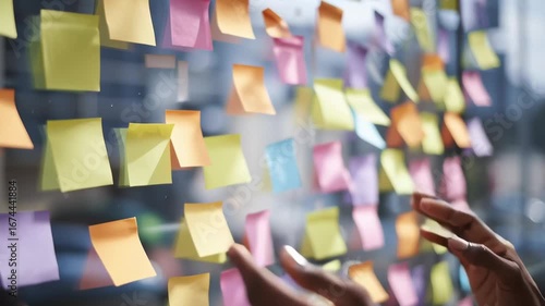 A person is writing on a wall with colorful sticky notes. The notes are arranged in a rainbow pattern, and the person is using a pink and yellow one. Concept of creativity and organization