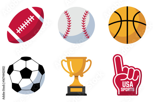 USA sports icon set, football soccer ball baseball basketball, trophy cup foam finger badge, bold vector graphics, fan merchandise design