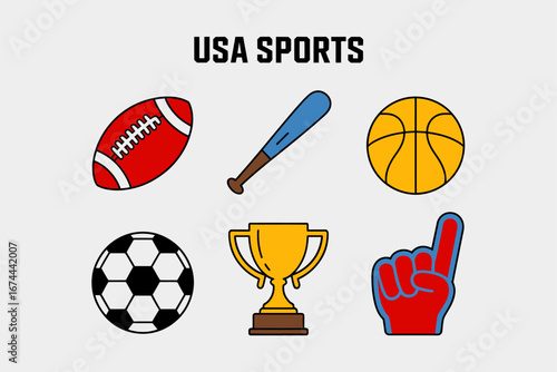 Athletic ball collection, football baseball basketball soccer with champion trophy, foam finger sign, clean vector icons, game day promotion