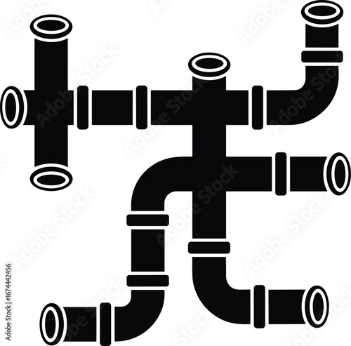 Industrial pipe system vector illustration, plumbing connection network, water pipeline layout, black pipe joints diagram, mechanical flow structure, engineering graphic.
