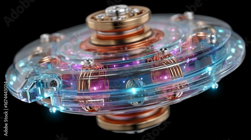 Clean render of speculative phase-shift engine component with harmonic stabilizer rings and oscillation generator floating isolated for sci-fi propulsion research