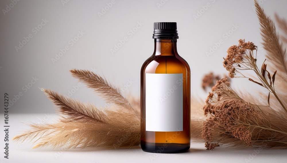 Fototapeta premium amber glass bottle mockup with blank label and dried flowers