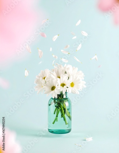 Wallpaper Mural Delicate white flowers in a teal glass vase with petals floating Torontodigital.ca