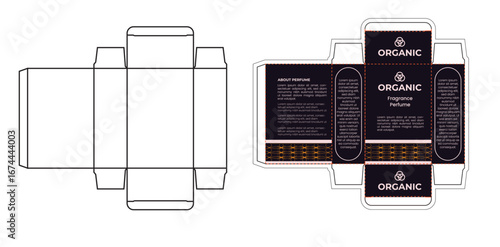 Perfume Packaging design,  perfume box design packaging box and luxury box design template, Box die line, and Design elements. Illustration Vector design Template