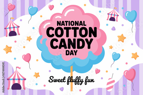 National cotton candy day design on striped background, pink candy cloud with sprinkles, playful fairground theme vector illustration