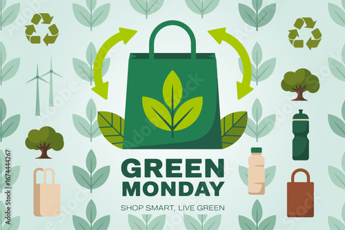 Green Monday promotional banner, large eco tote with leaves, garden pattern background, sustainable shopping message, environmental retail artwork, vector illustration
