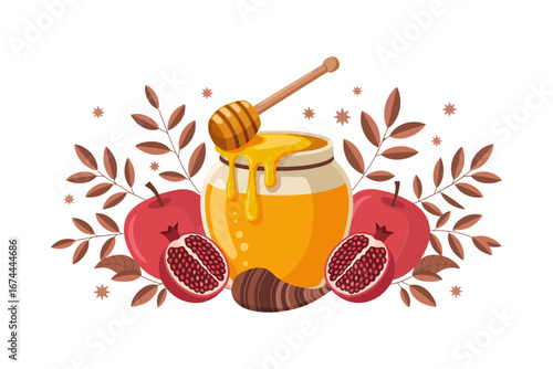 Rosh Hashanah holiday greeting with honey jar apples pomegranates, sweet new year concept, vector illustration, poster card, festive table decoration