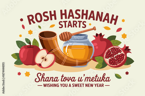 Rosh Hashanah starts festive banner with apples honey pomegranate and shofar Shana Tova greeting card poster vector illustration
