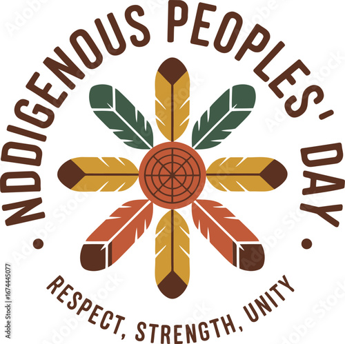 Indigenous Peoples Day starburst feather icon, medicine wheel center, respect strength unity message, modern festival logo, versatile vector illustration