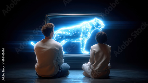 Glowing CRT television displays holographic image of large cat, captivating two viewers seated on floor. scene evokes sense of wonder and imagination