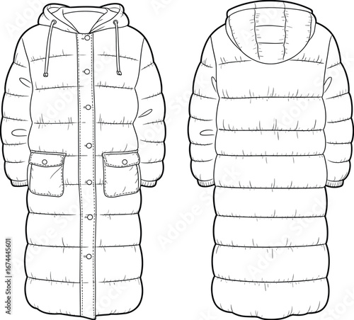Long puffer jacket with hood, button closure, front pockets, winter outerwear, warm coat design, fashion apparel, vector illustration, cad drawing flat vector illustration