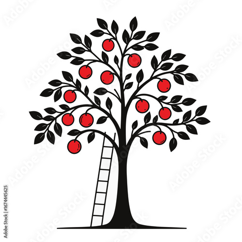 Minimalist plum tree with ladder and red accents on white background, simplicity