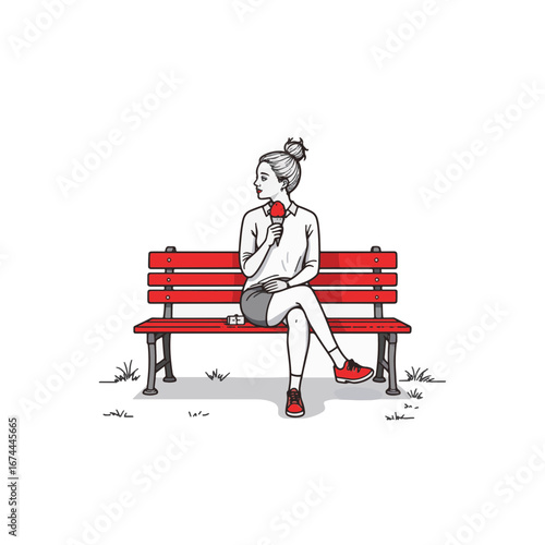 Thoughtful woman enjoying ice cream on park bench, leisurely moment