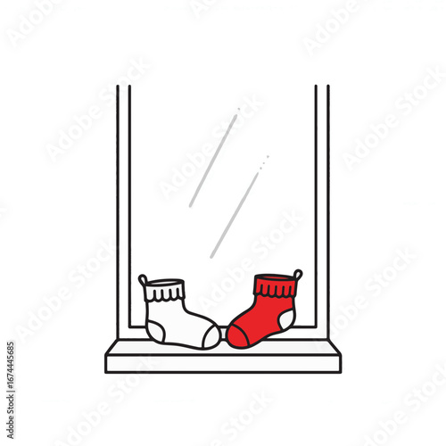 Baby socks on windowsill in black and white minimalist style, cozy warmth