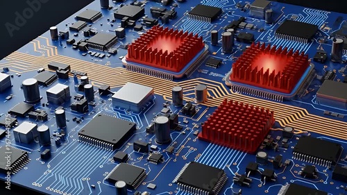 Close Up of Blue Circuit Board with Red Heatsinks And Electronic Components