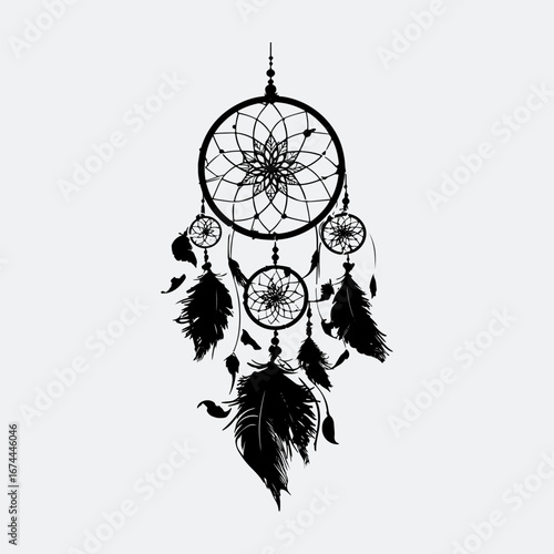 Dreamcatcher Isolated Graphic Vintage Style Graphic, Feather Dreamcatcher Art Vector Silhouette Design Element