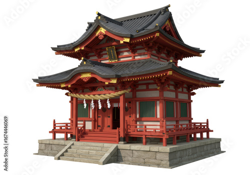Isolated traditional Japanese temple building architecture with tiered roof and ornate details