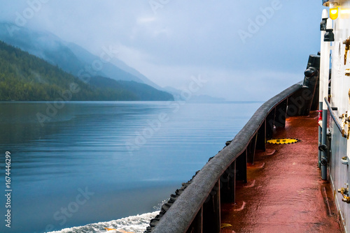 Sliced view of tug boat traveling through Northern waters of Canada