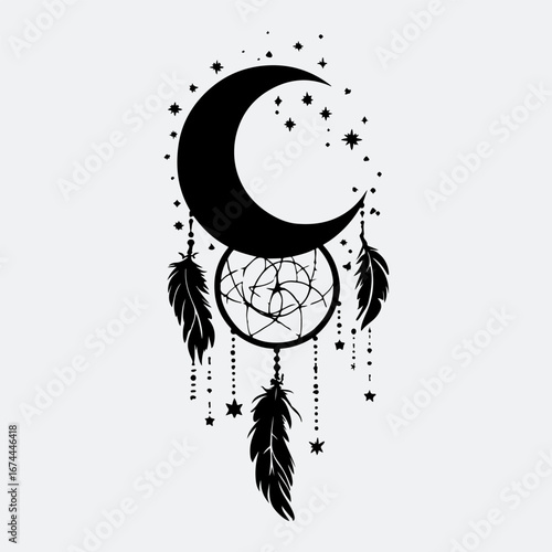 Dreamcatcher Isolated Graphic Vintage Style Graphic, Feather Dreamcatcher Art Vector Silhouette Design Element