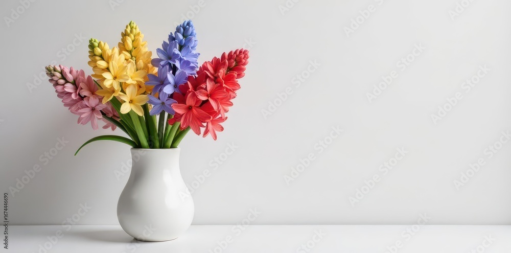Fototapeta premium Colorful hyacinth flowers in white ceramic vase, flowers, purple, pot