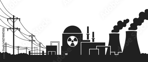 Nuclear power plant, cooling towers emitting steam, electrical transmission lines, industrial energy production, radioactive energy, power generation facility, electric grid infrastructure