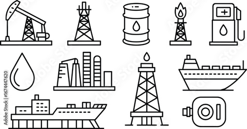 Oil industry icons, petroleum extraction, refinery, fuel pump, tanker ship, crude oil barrel, energy resources, oil rig, fuel transportation, industrial equipment