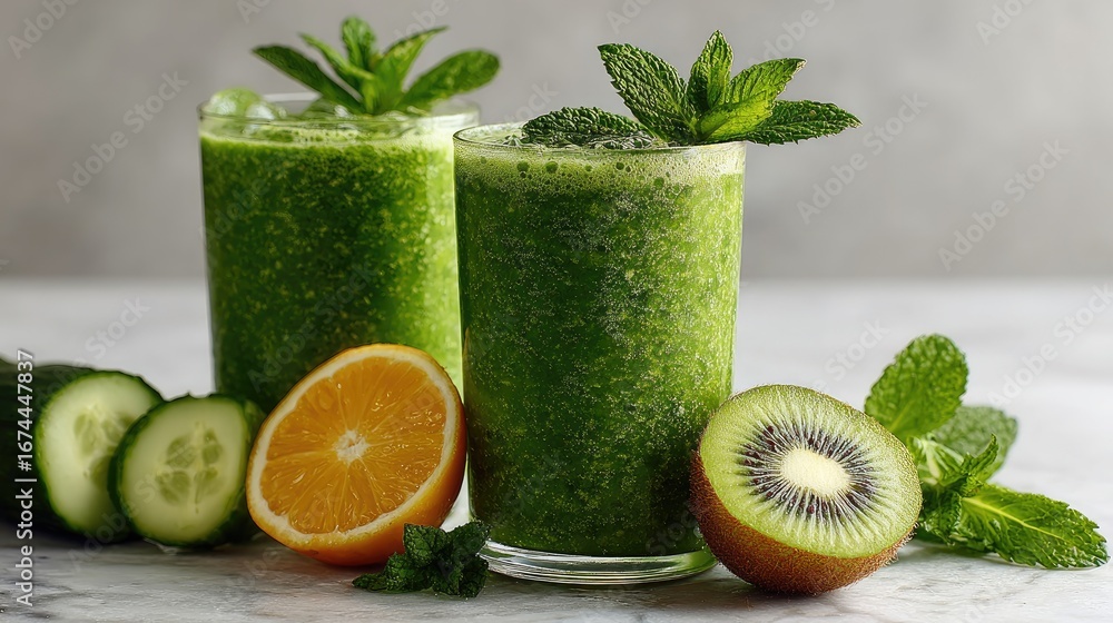 Fototapeta premium Two vibrant green smoothies, garnished with fresh mint