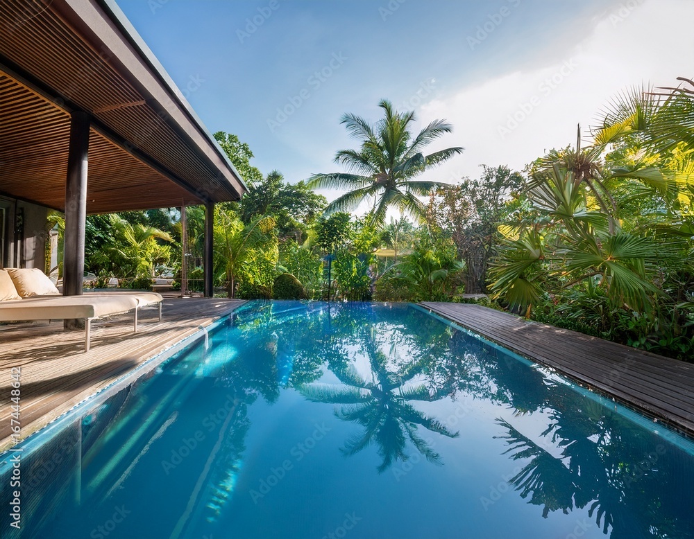 Fototapeta premium luxurious pool surrounded by tropical greenery in a modern tropical villa during a sunny afternoon