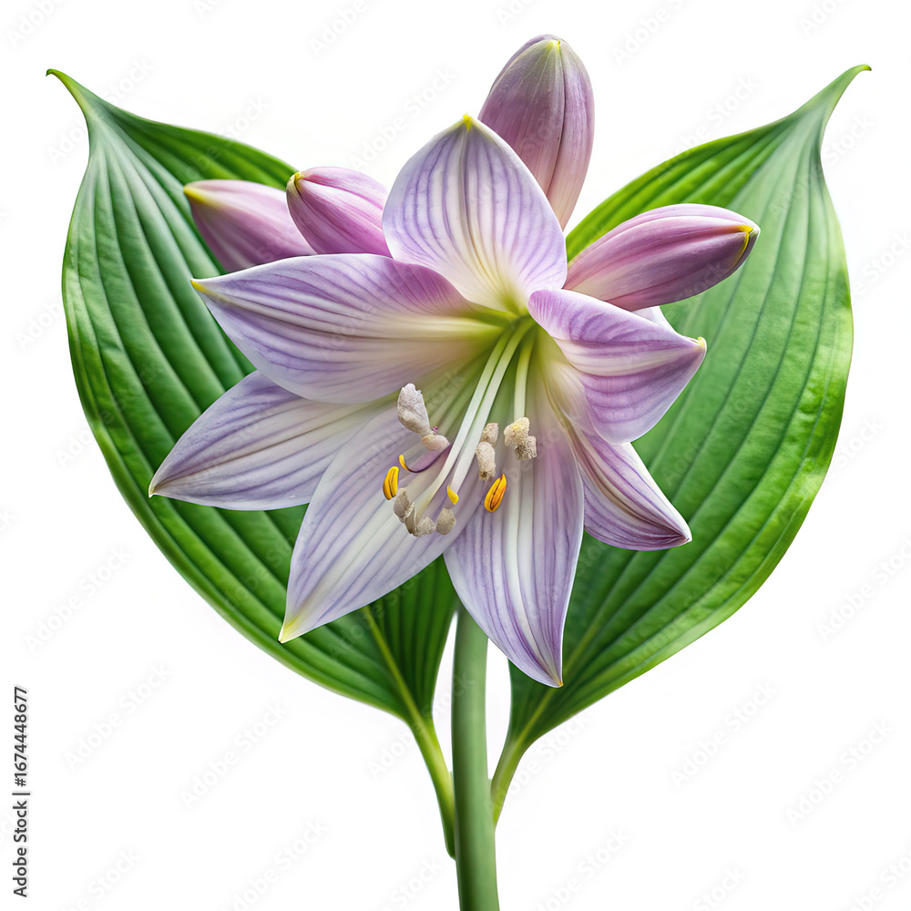 Naklejka premium Elegant Hosta Blossom with Green Leaves on a Pristine White Background