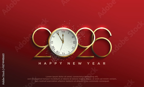 card or banner to wish happy new year 2026 in gold color, number 0 is hour with white glitter.