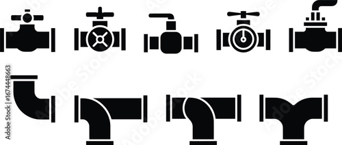 Plumbing pipe and valve silhouette icons, industrial water pipeline fitting set, plumbing connector shapes, vector illustration, black isolated clipart