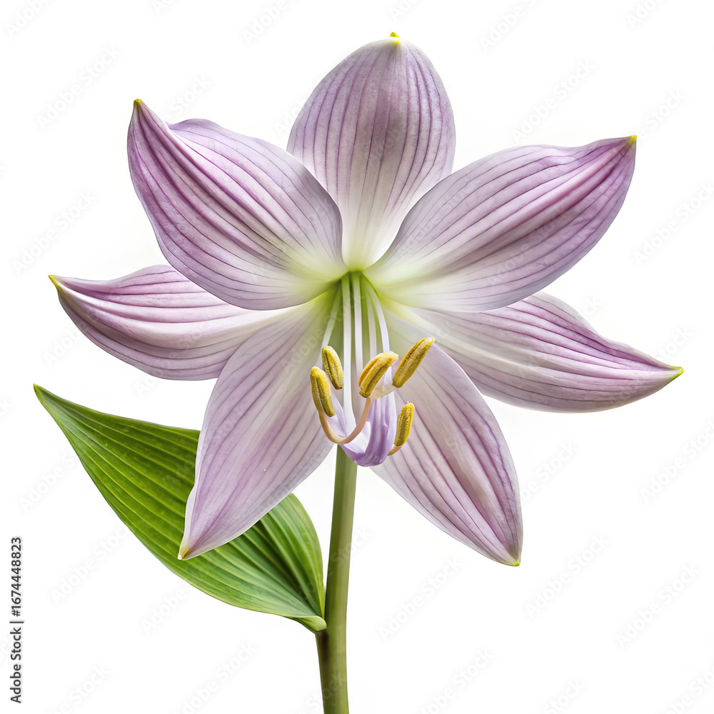 Fototapeta premium Elegant sand lily with purple stripes blooming on a white background