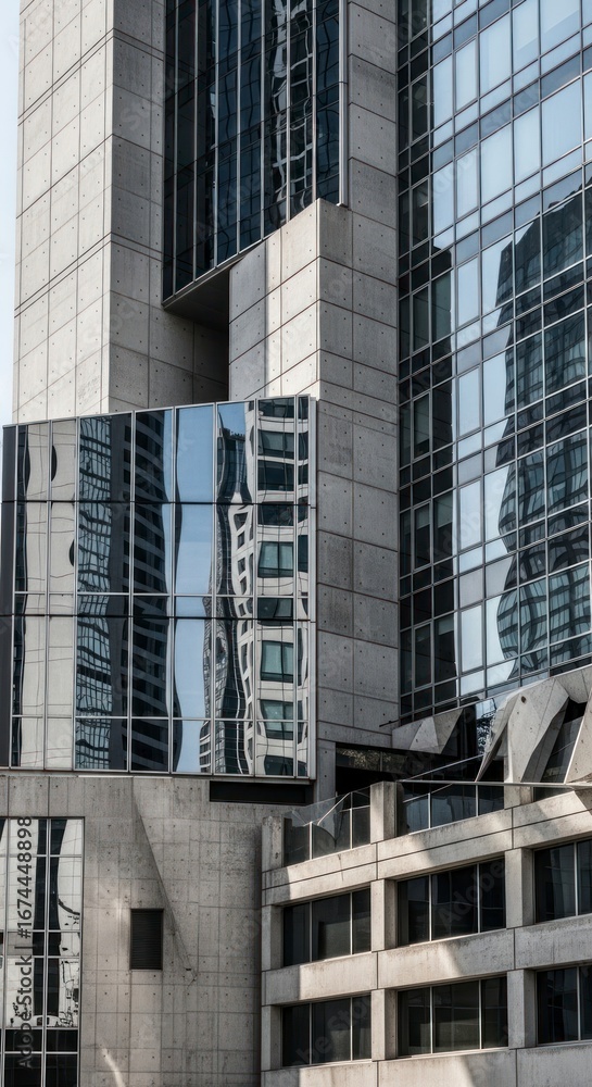 Fototapeta premium A detailed architectural perspective of a modern skyscraper facade, showcasing intricate concrete panels and reflective glass windows, revealing reflections of other buildings.