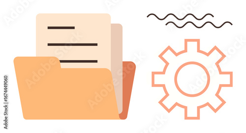 Folder with papers, gear, and wavy lines emphasizing digital organization, settings, workflow design. Ideal for data management, processes, software tools, efficiency systems productivity simple