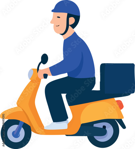 This illustration shows a delivery rider wearing a helmet and blue clothing, riding a yellow scooter with a delivery box mounted at the back.