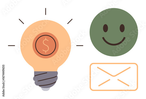 Lightbulb with dollar sign, smiling face, and envelope highlight creativity, financial growth, happiness, and communication. Ideal for innovation, teamwork, feedback email marketing business