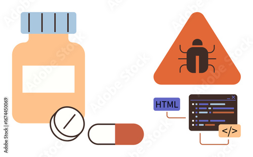 Tablet bottle, capsules, and pills alongside a triangular warning with a bug icon and code snippets. Ideal for technology, cybersecurity, health, malware, coding pharmaceuticals metaphor. Simple