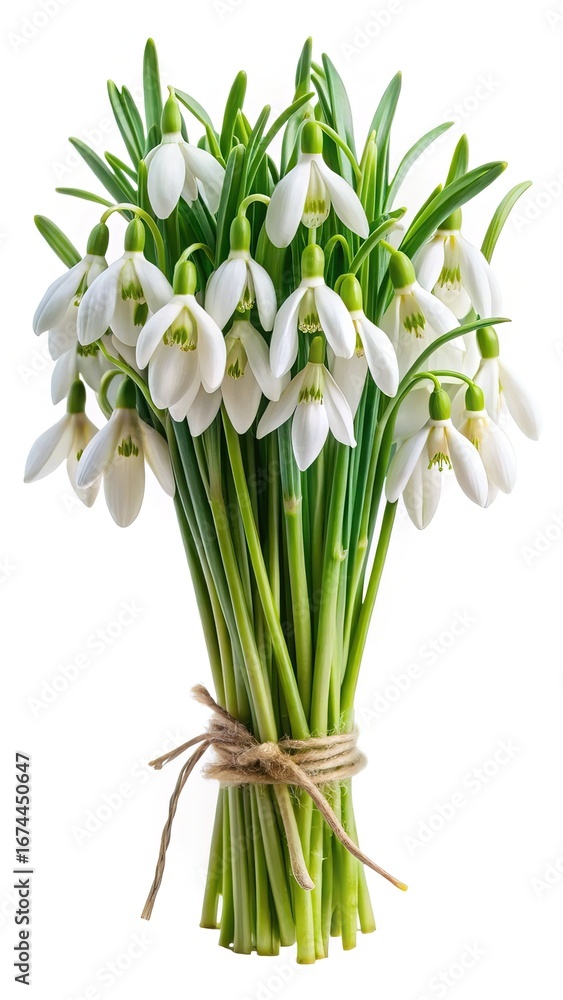 Obraz premium A Bouquet of White Snowdrop Flowers Tied with Twine on White Background