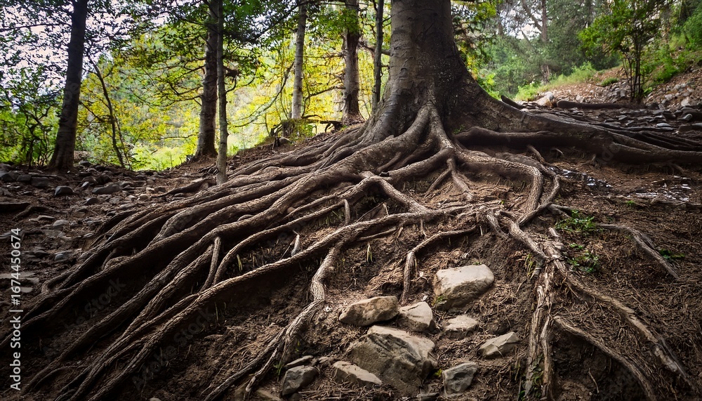 Fototapeta premium forest degradation tree roots spreading in soil with rocks and debris