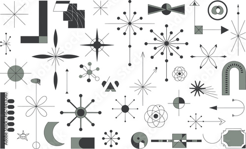 Collection of abstract geometric shapes and symbols in a scattered artistic arrangement