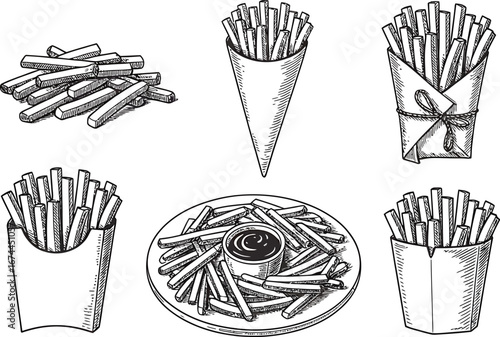 Collection of hand drawn french fries in various styles and containers with ketchup dip