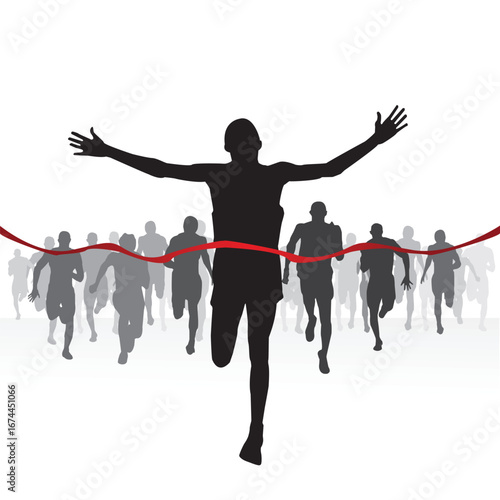 Marathon Runner Crossing Finish Line Silhouette Vector Illustration