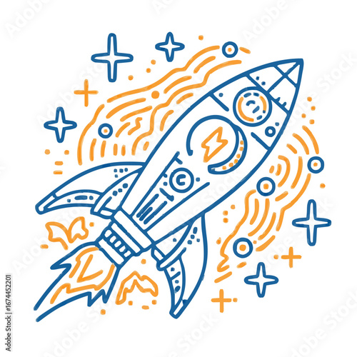 - Rocket doodle illustration in blue and orange for space exploration