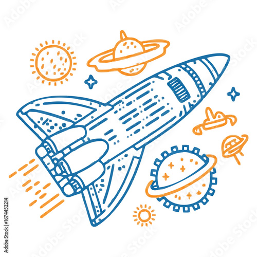 - Rocket illustration in doodle style blue and orange, space travel